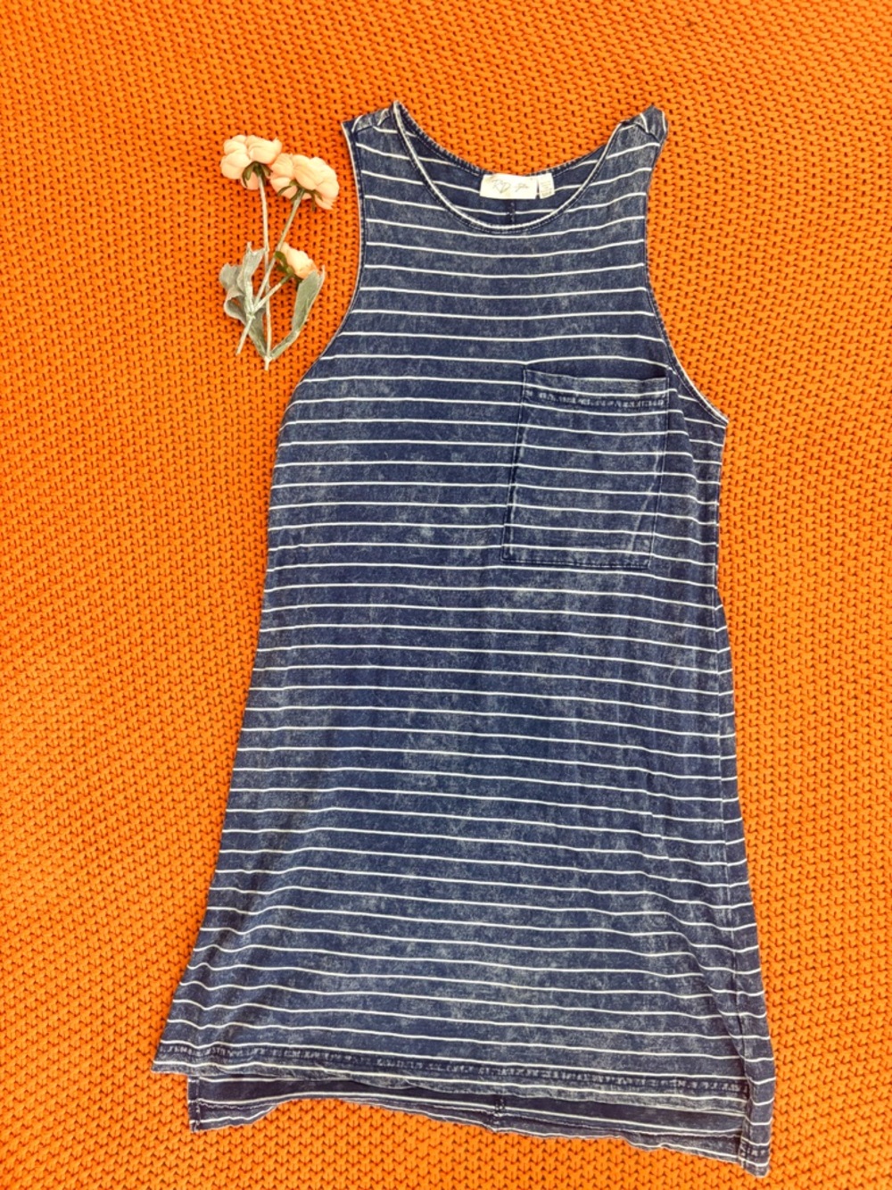 RD Style Blue Striped Acid Wash Tank Dress with Pocket - Small